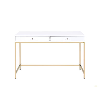 High Gloss Finish Writing Desk Contemporary Rectangular Writing Desk With 2 High-Gloss Drawers - White Wooden Top & Gold Metal Leg Base