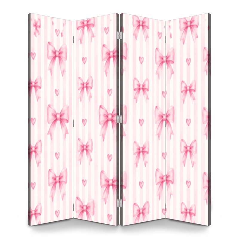 Cloison pliante 4 panneaux à paravent à l'aquarelle rose royal avec nœuds cœurs doux, 4, 71" H x 64" W x 1" D