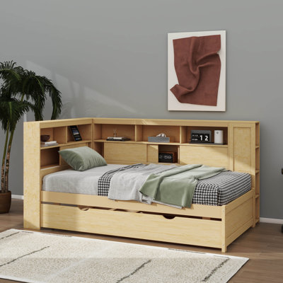 Lit de jour simple en bois avec tablettes intégrées, ports USB et lit gigogne escamotable
