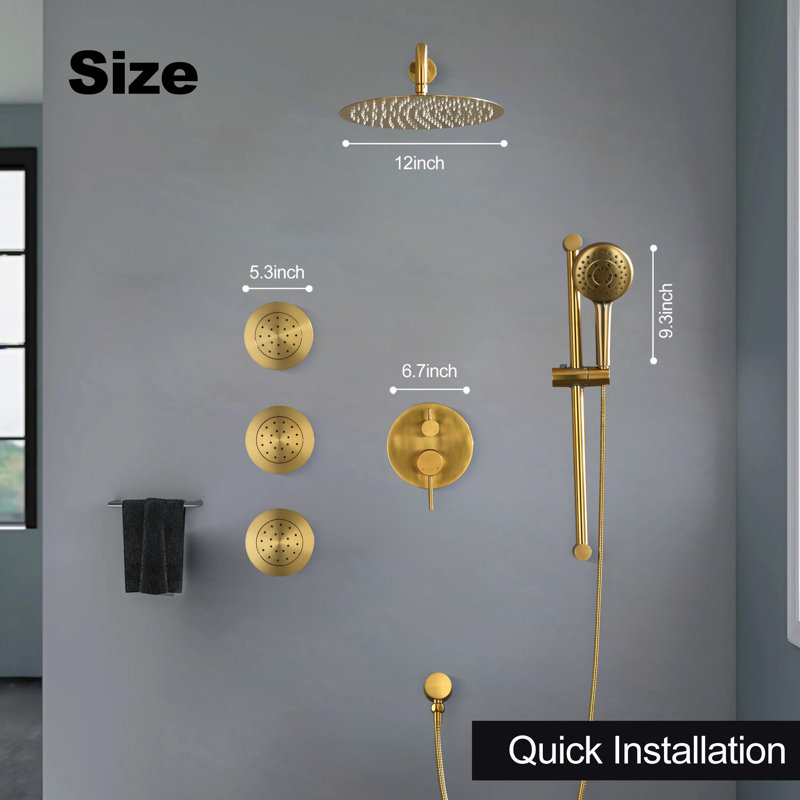 Système de douche à barre coulissante 12 po, ensembles de douche ronds avec pomme de douche à pluie complète et combiné à 3 jets, fixation murale