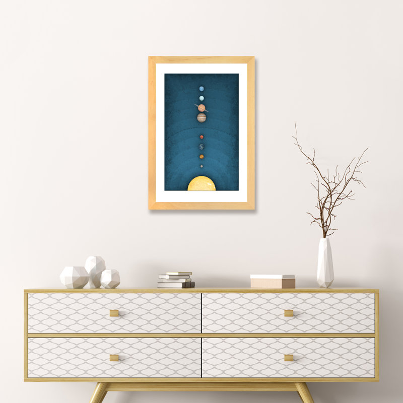 Système solaire sur bleu I - impression, Blanc, H 24 po x l 16 po x P 1 po, Papier encadré de bois naturel