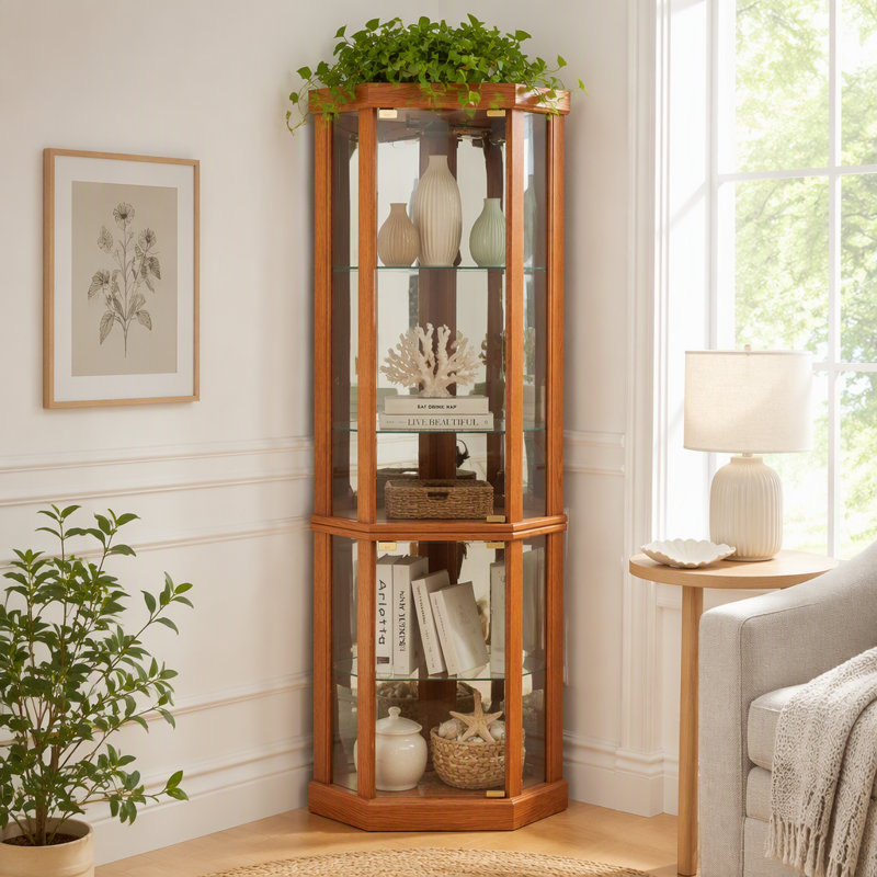 Vitrine d'angle lumineuse avec tablettes réglables en verre et dossier en miroir, idéale pour exposer des antiquités, du vin et plus encore dans les salons