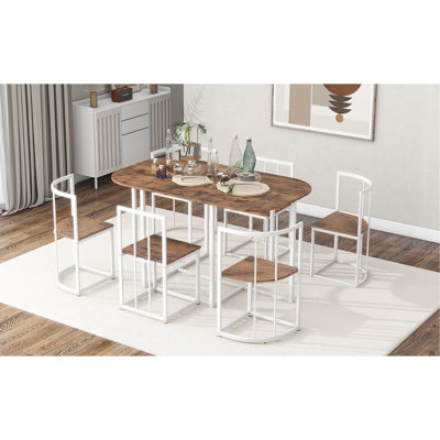 Modern 7-Piece Dining Table Set With Faux Marble Compact 55Inch Kitchen Table Set For 6, White+Cherry