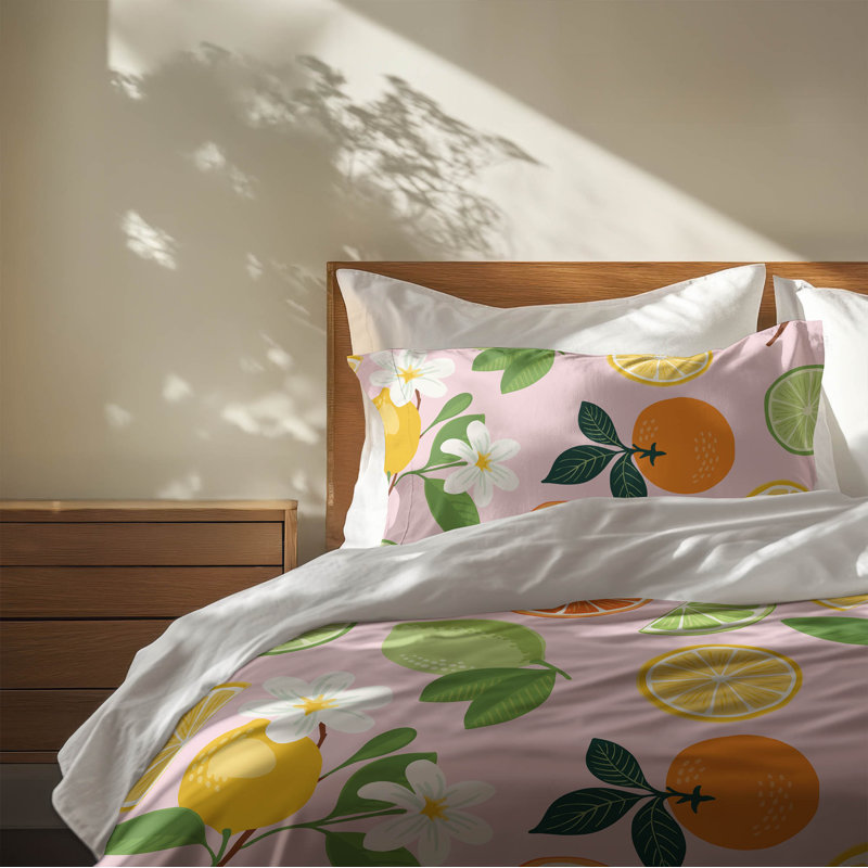 Ensemble d'édredon léger Sunny Citrus, Édredon grand + 2 taies d'oreiller standard, Rose