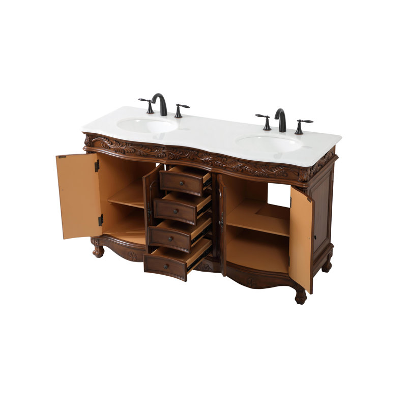 Ensemble de meuble-lavabo double de 60 po pour la salle de bain Mannie, Teck, Blanc Ivoire
