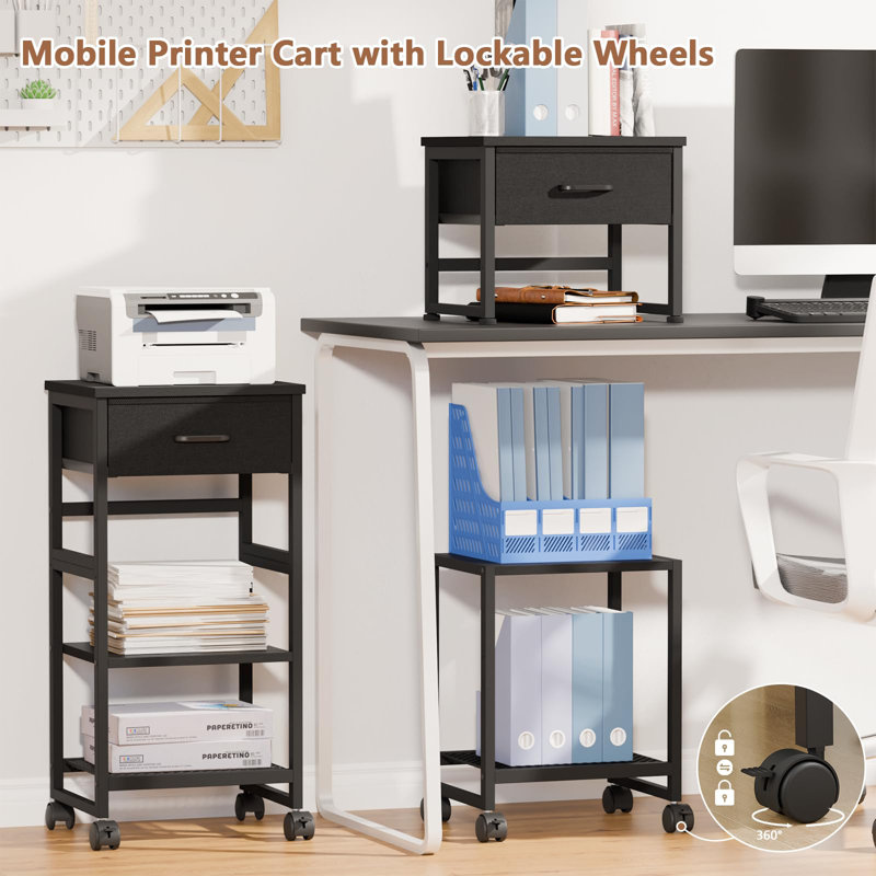 Printer Stand With Storage, Small Rolling Printer Table For Home Office, 3-Tier Printer Cart With Wheels, Modern Industrial Nightstand With Drawer, Side Table