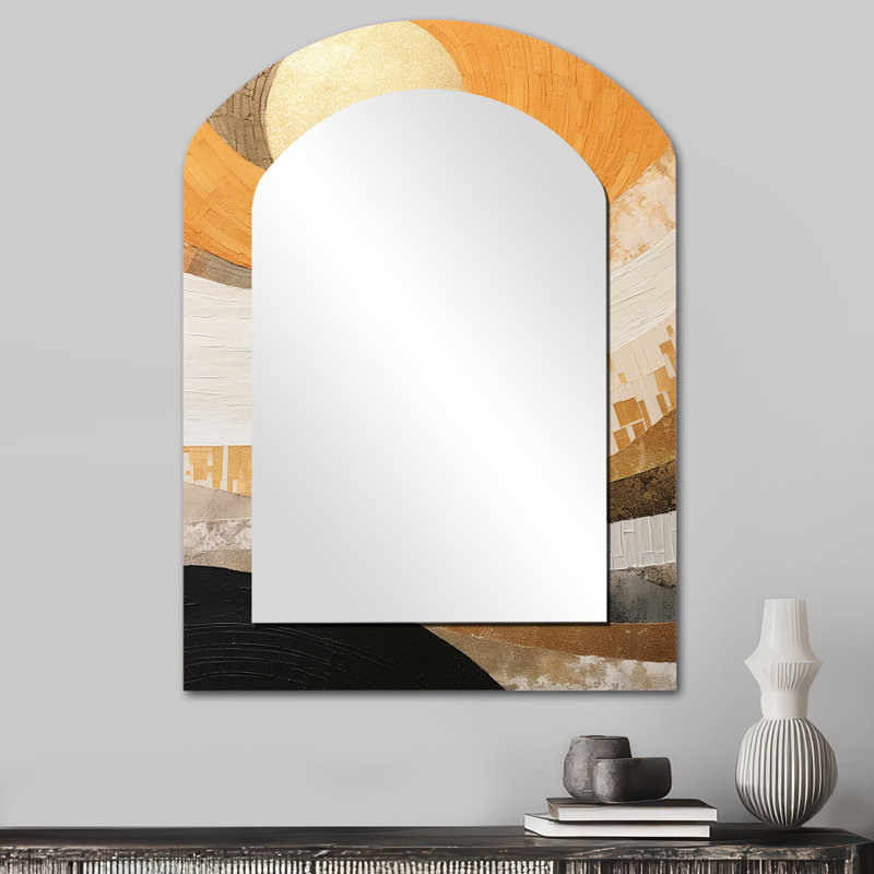 Geometric Golden Beige Sunset Harmony II - Beige Asymmetrical Wall Mirror, Traditional Arch Decorative Mirror, Printed Metal Art