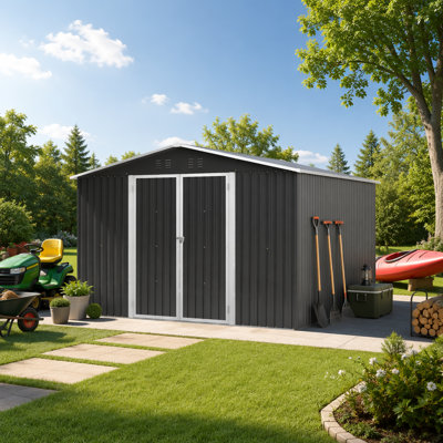 Remise de rangement extérieure 10 x 12 pi, rangement pour outils en métal avec portes verrouillables et structure de cadre actualisée, grande remise de jardin en métal pour la cour arrière, pelouse de patio, noir