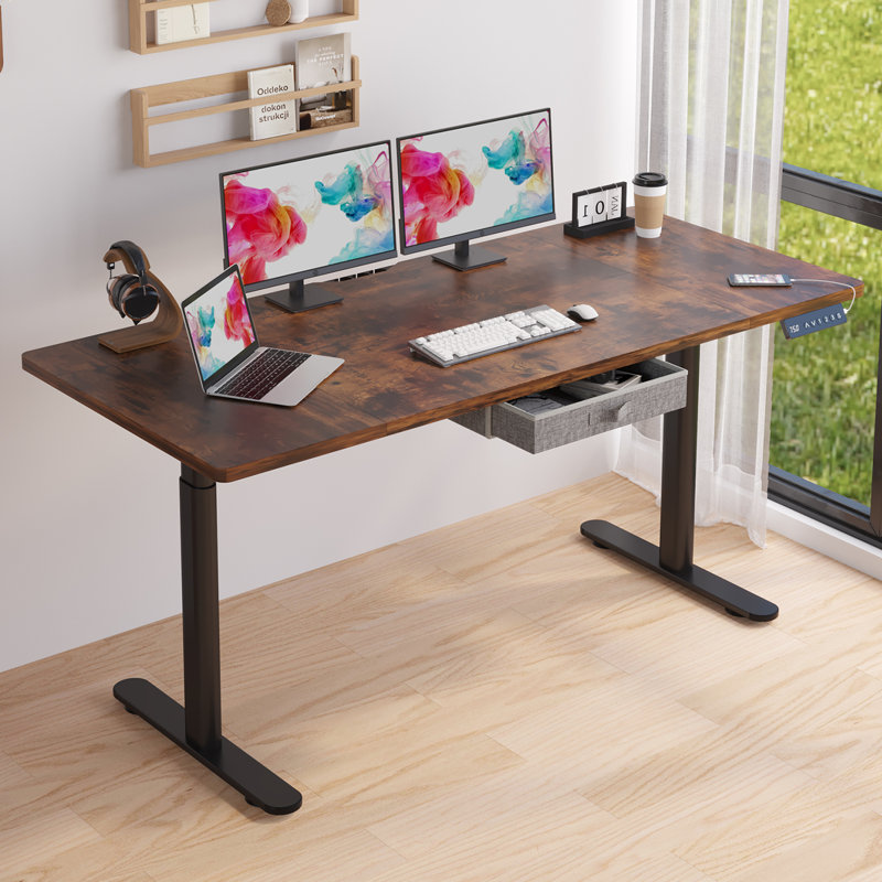 Woodacre 71" Adjustable Metal Base Standing Desk, Brown/Black