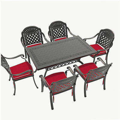 Ensemble de 7 pièces de mobilier de patio en aluminium coulé avec cadre noir et coussins de siège rouges (identique à: W1710S00491)