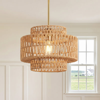 1-Light Single Drum Pendant with Handwoven Rattan Shade and Gold Accents