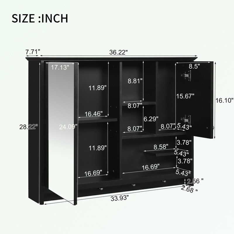Armoire à pharmacie murale avec porte miroir et tablette ajustable, Noir, noir, noir, noir