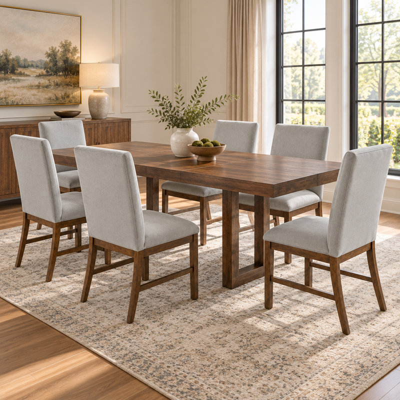 Ensemble de salle à manger extensible traditionnel 7 pièces, table de 152 cm à 183 cm avec rallonge papillon de 30 cm et 6 chaises rembourrées, en bois d'hévéa massif