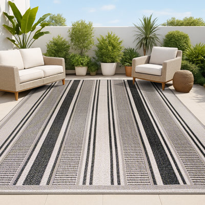 Clarina Modern Double Stripe Black/Beige Indoor/Outdoor Rug