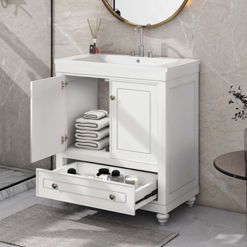 White 30" Freestanding Bathroom Vanity with Drawer and Doors