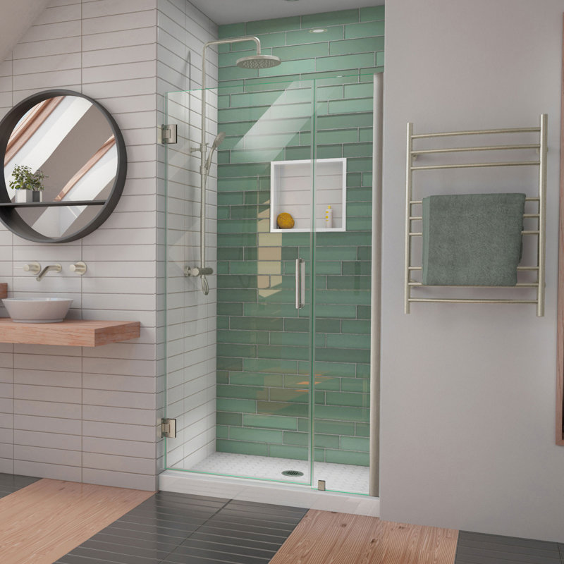 Porte de douche à charnière sans cadre Unidoor-LS avec technologie ClearMax, Nickel brossé, 39"