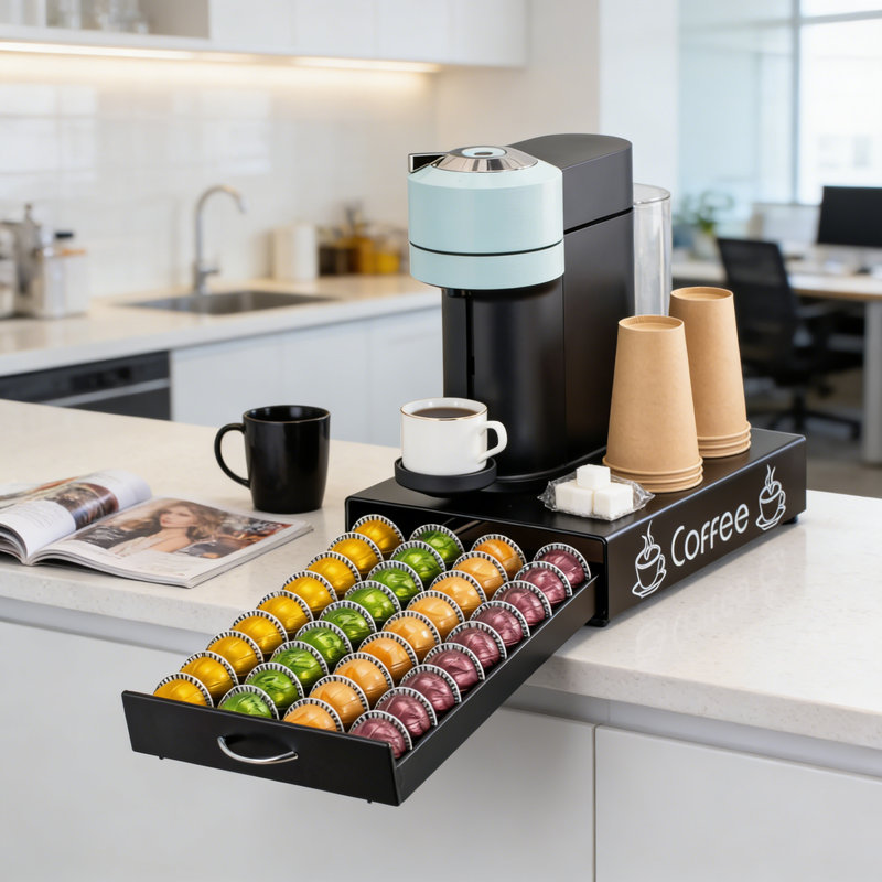Tiroir de rangement à capsules, support de rangement en métal d'une capacité de 40 dosettes avec séparateurs pour bar à comptoir
