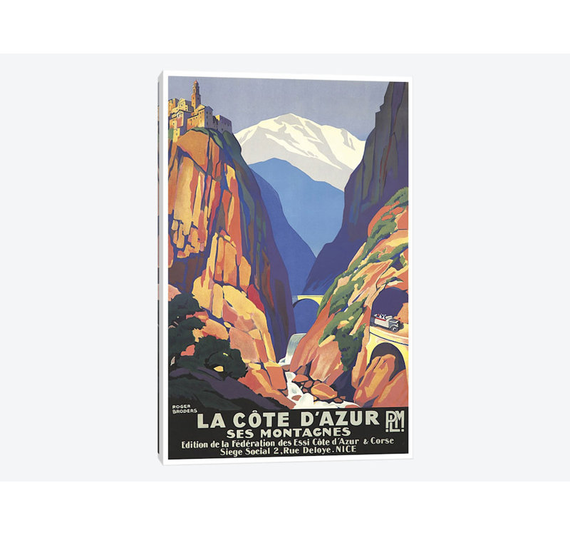 « La Cote d’Azur (le Français Riviera) » publicité Vintage sur toile, 18" H x 12" L x 1,5" D