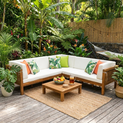 Ensemble de canapé modulaire d'extérieur 5 places en bois d'acacia, meubles de patio en L 4 pièces avec coussins, bancs double longueur, siège d'angle et table basse, intérieur / extérieur résistant aux intempéries - style scandinave campagnard