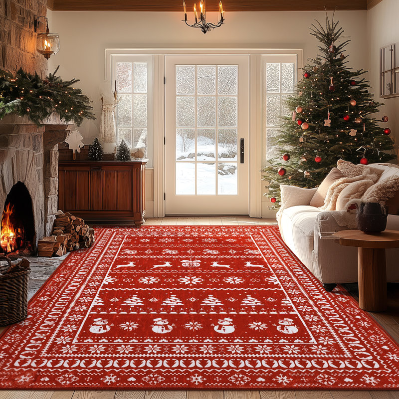 Christmas Red Area Rug Washable Non-slip Snowflake Deer Floor Carpet, Rectangle 8' x 10'
