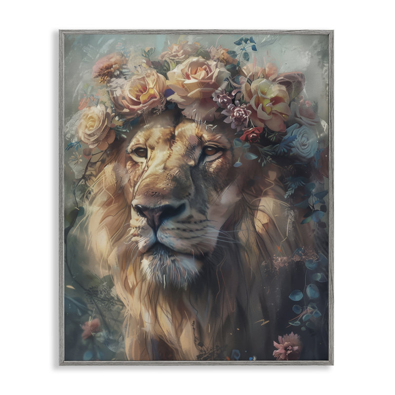 Lion avec guirlande de roses, estampe numérique, design par Arlington Prints, H 30 po x l 24 po, Estampe numérique Farmhouse