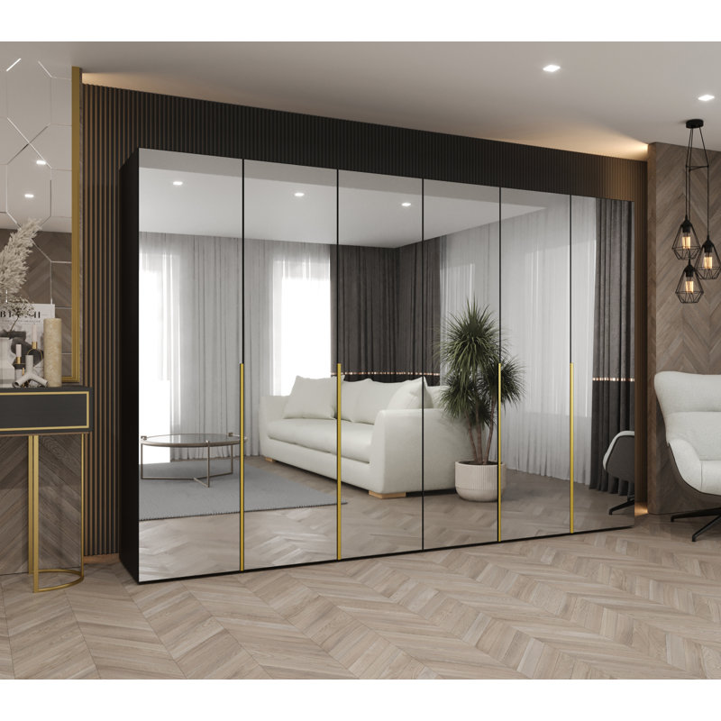 Manufactured Wood Wardrobe, black matt + handles: gold