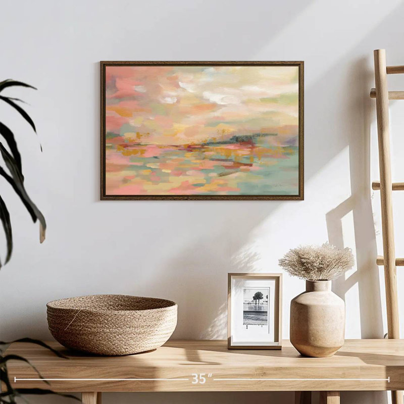 Vagues roses, 19 po x 13 po, Cadre flottant noyer