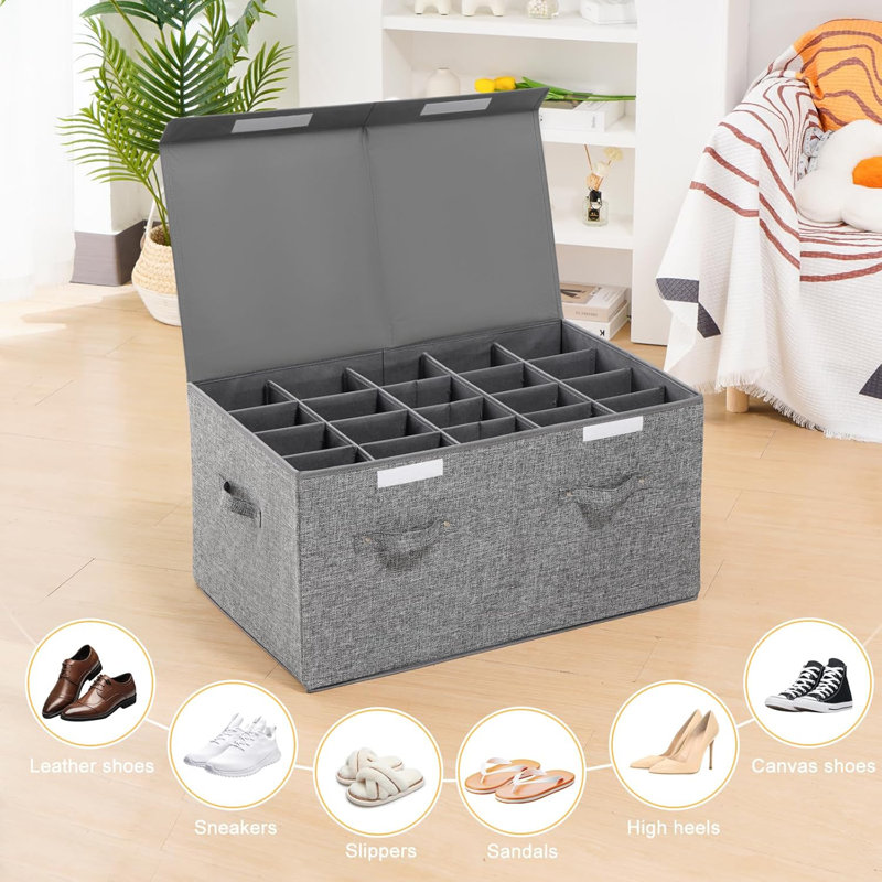Organisateur de rangement pour chaussures pour garde-robe, grands bacs de rangement pour chaussures avec couvercle et séparateurs réglables pour chaussures, espadrilles et talons hauts, coque rigide et empilable (gris)