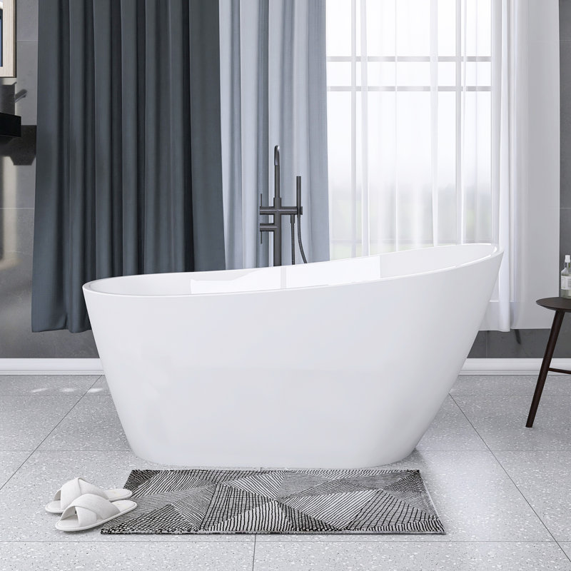 59 Inch Acrylic Freestanding Bathtub In Glossy White | Stylish Deep Soaking Bathtub  |  Pop-Up Drain  |  Integrated Overflow