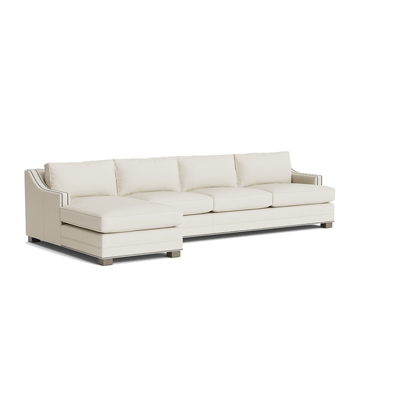 Canapé d'angle Keaton en cuir avec accoudoirs inclinés et clous décoratifs, méridienne gauche, Nickel brossé, Bois flotté