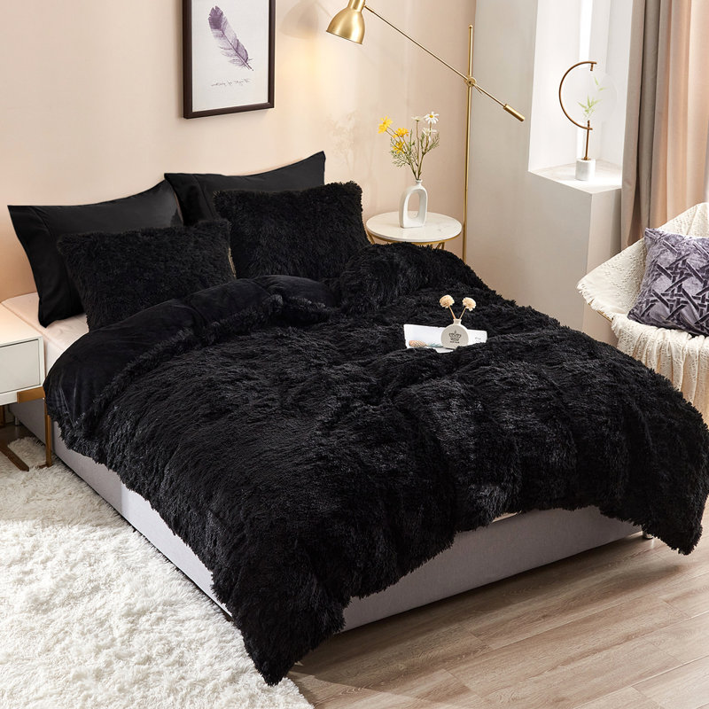 FFDC1217 Plush Shaggy Duvet Cover Set, Queen Duvet Cover + 4 Additional Pieces, Black