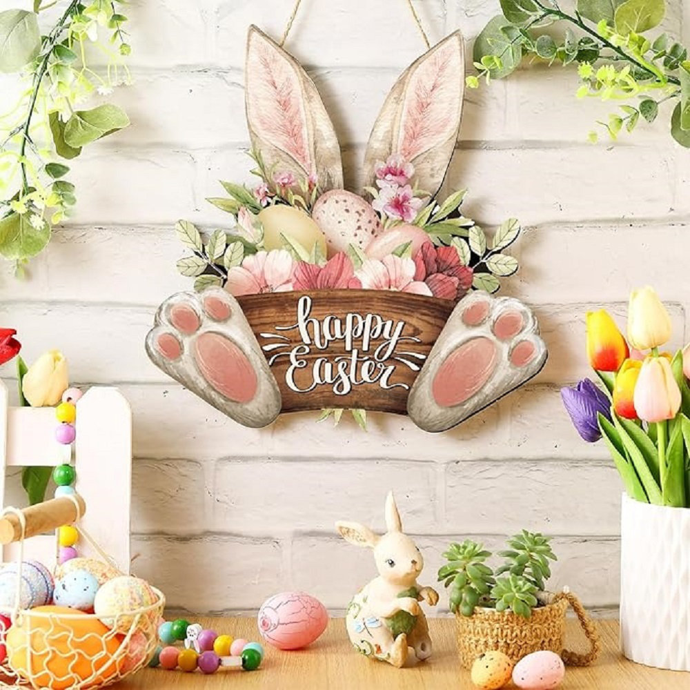 Ophelia & Co. Easter Wreaths For Front Door Bunny Welcome Wood Sign ...