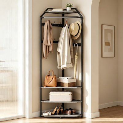 Portemanteau d'angle avec vestibule avec banc à chaussures, portemanteau 3 en 1 avec 6 crochets doubles, portemanteau d'angle peu encombrant avec tablette de rangement pour le salon, la chambre à coucher et le vestiaire