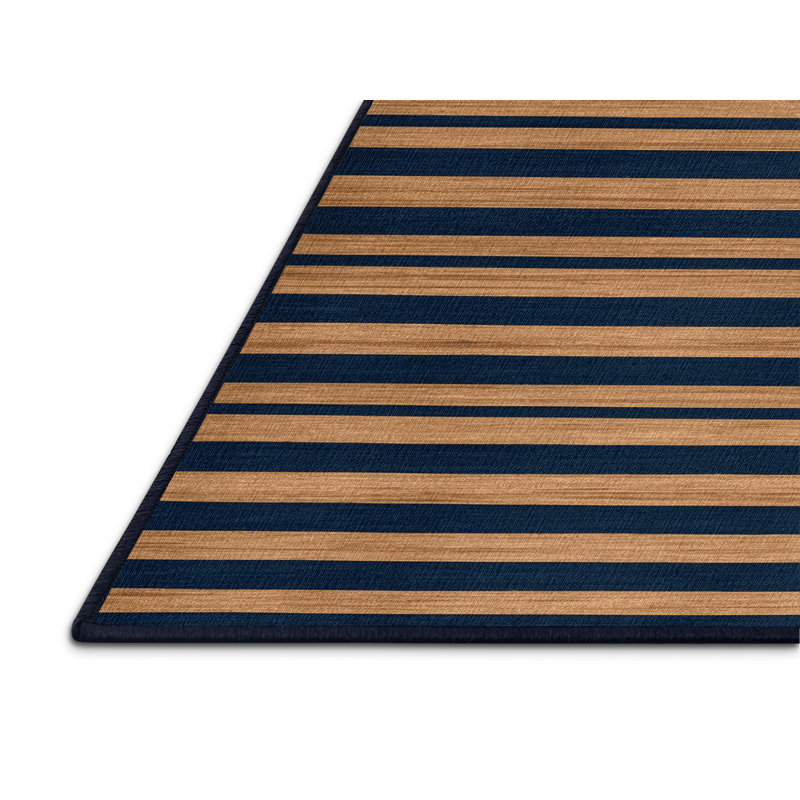 Tapis bleu à rayures horizontales lavable à la machine, Rectangle 7 pi x 9 pi