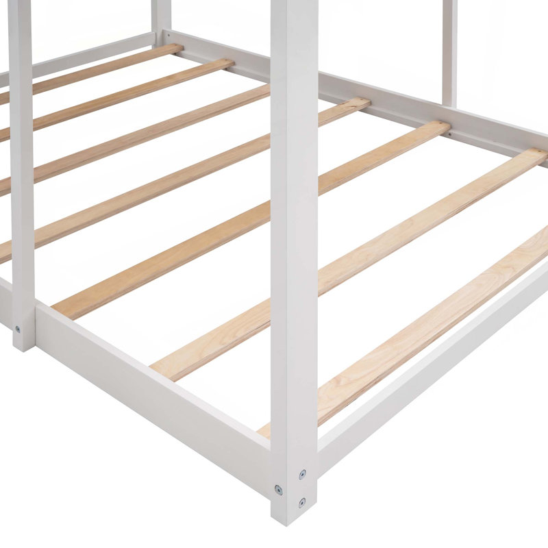 Full Over Full Woodbunk Bed With Roof, Window, Guardrail, Ladder, White