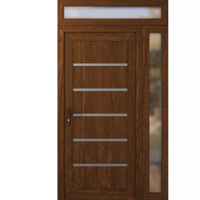 Porte d'entrée extérieure prémontée en PVC-U métallisé Manux 8415, finition noyer, avec imposte et panneau latéral, pour bureaux, commerces et habitations. Dimensions : 44 x 94 po (L 32 + 12 po x H 80 + 14 po). Ouverture à droite vers l'intérieur.