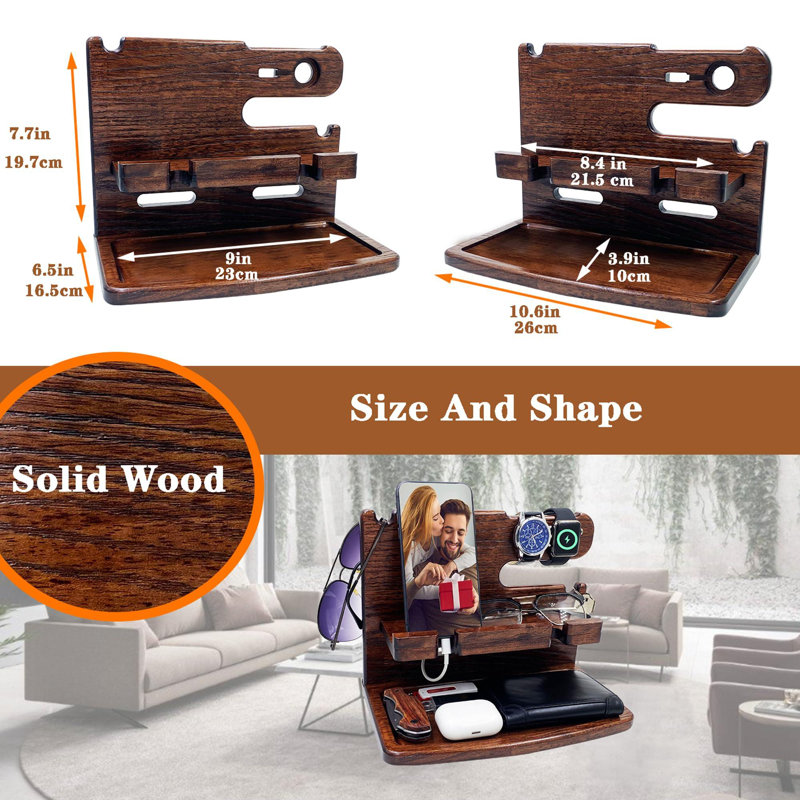 Organisateur de table de chevet pour téléphone en bois (brun foncé)