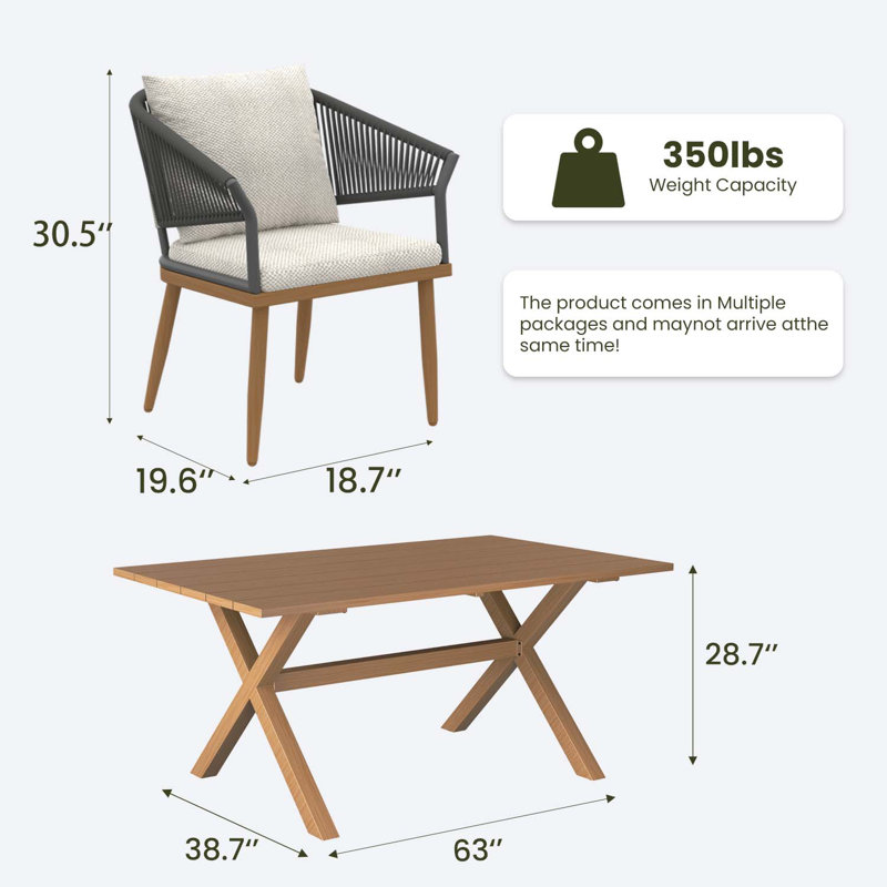 Rectangular Outdoor Dining Set With Cushions, 12 Pcs: 2 Tables, 10 Chairs, Beige Cushion/Brown Wood Frame
