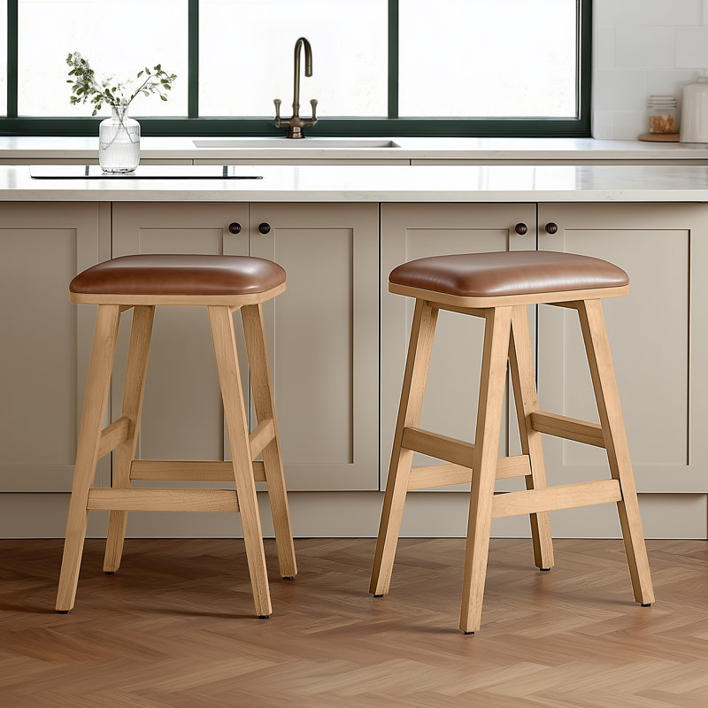 Upholstered Wood Saddle Stool - Set of 2, Bar Stool (29" Seat Height)