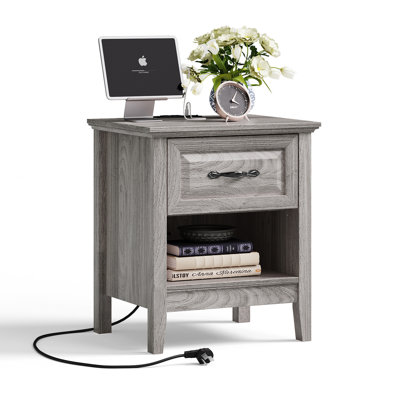Anyah Farmhouse Nightstand with Charging Station and Storage, Bedside Table with Drawer