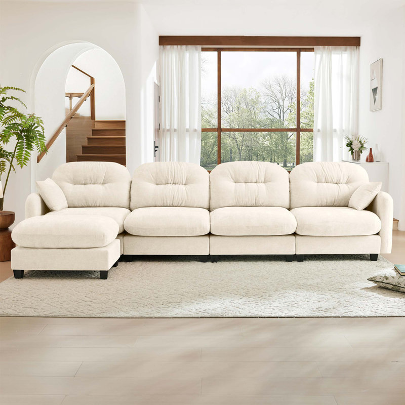 Canapé modulaire en L modulaire avec repose-pieds, tissu chenille doux, conception ergonomique, dossier capitonné, base en bois de haute qualité facile à installer