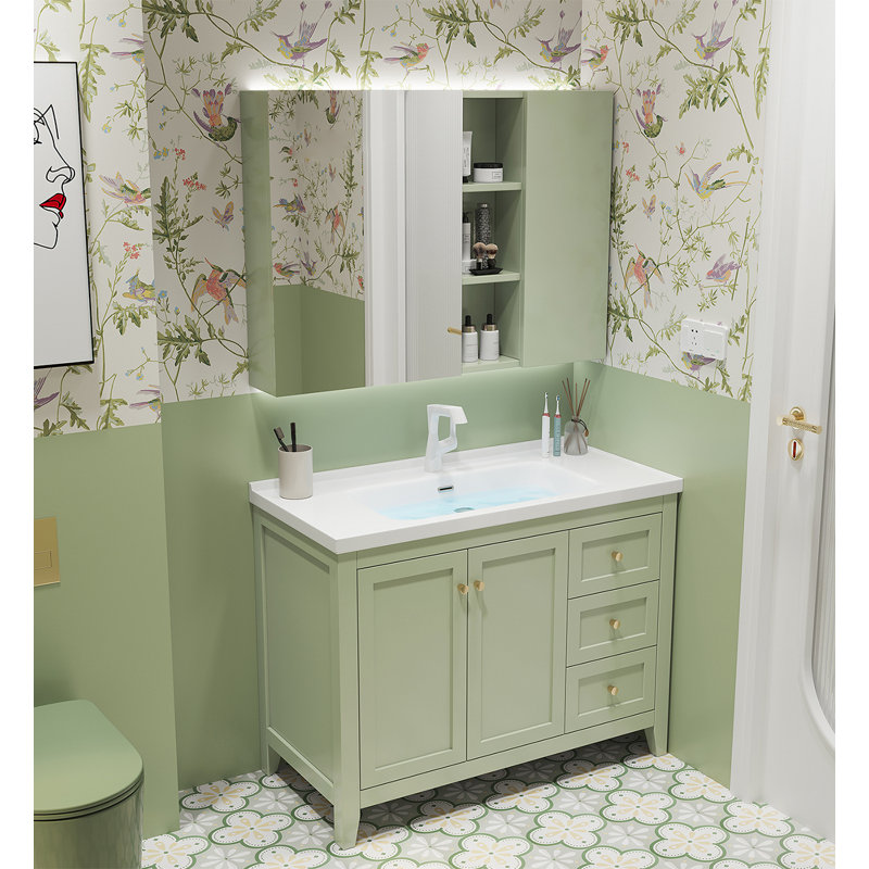 Meuble-lavabo en bois d'hévéa crème avec lavabo en céramique