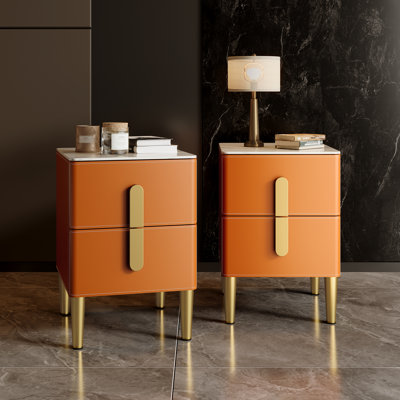 Leather 2-Drawer Nightstand with Faux Marble Top & Gold Legs - Set of 2 Multipurpose Storage Cabinets for Bedroom Living Room & Office