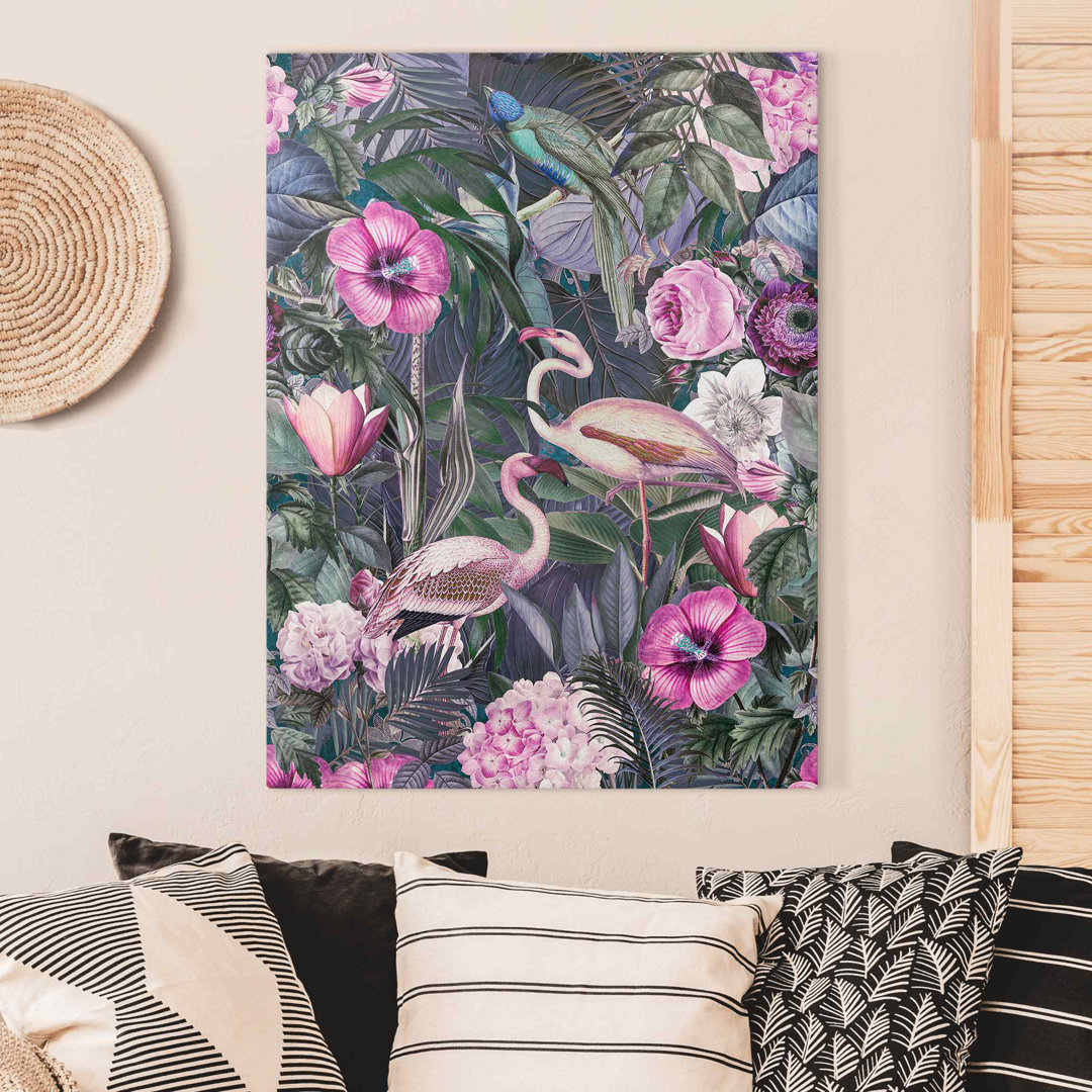 Leinwandbild Farbenfrohe Collage - Rosa Flamingos im Dschungel