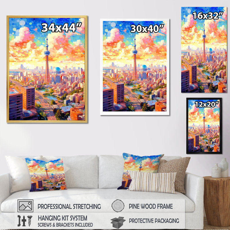 Popart Misty City Cityscape sur toile, H 44 po x l 34 po x P 1,5 po, Cadre simple noir