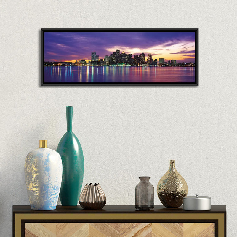 «Boston Panoramic Skyline Cityscape (Sunset)», reproduction d'art numérique sur toile tendue sur châssis panoramique