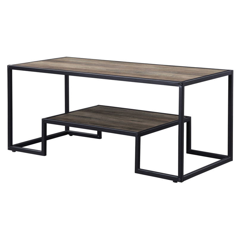 Table basse de style industriel avec tablette - Finition chêne rustique, spacieuse pour magazines et boissons, livres et objets rectangulaires, noire, résistante aux rayures