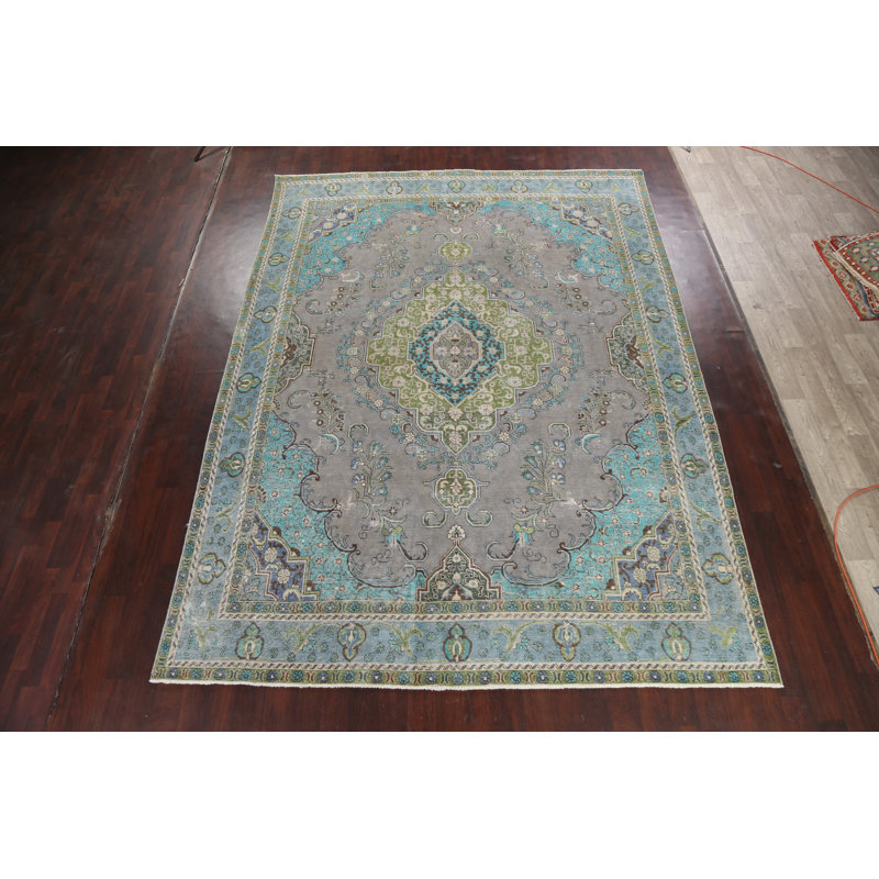 Tapis gris en laine noué à la main de conception unique 9 pi 4 po x 12 pi 7 po