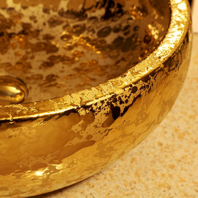 Gold Vessel Sinks Bowl Luxury Gold Glazed Ceramic Vanity Top Sink For Restroom Bathroom Bar Dia.16.4"