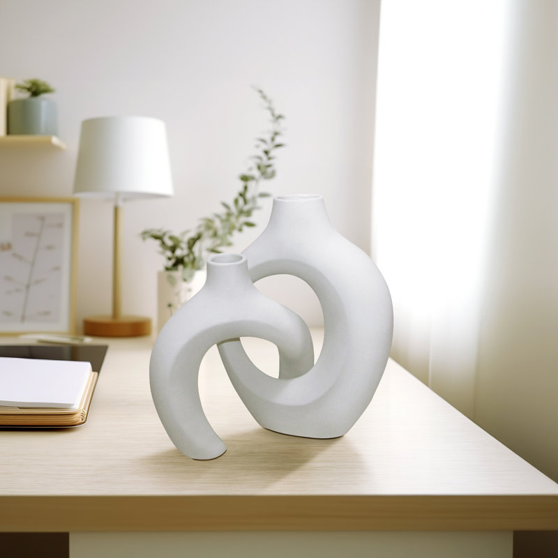 Modern Vase Stoneware Ceramic Interlocking Sculptural Design Living Room or Office Accent Decor Set of 2 - 13", 11" White